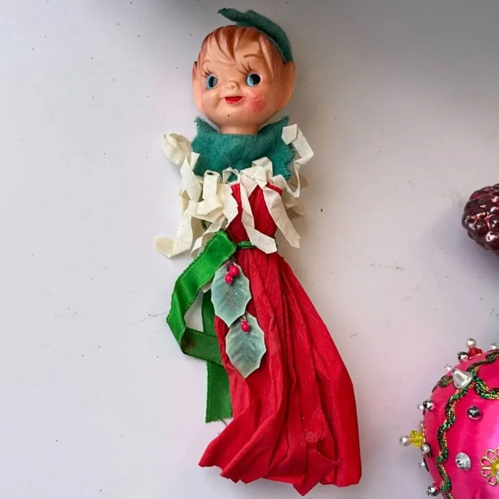 Vintage MCM pixie Christmas elf with crepe paper dress hard to find must see